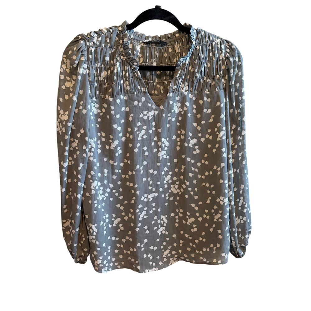 Dokotoo Floral Blouse Womens S Gray White Ruffle Neck Long Sleeve Boho Top Small - Picture 2 of 12